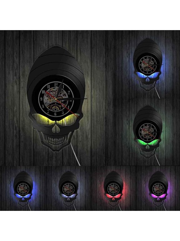 Demon Alien Skull Retro Clock Watch Goth Scary Wide Cheekbones Eyes Skeleton Vintage Vinyl Record Wall Clock Halloween Wall Deco