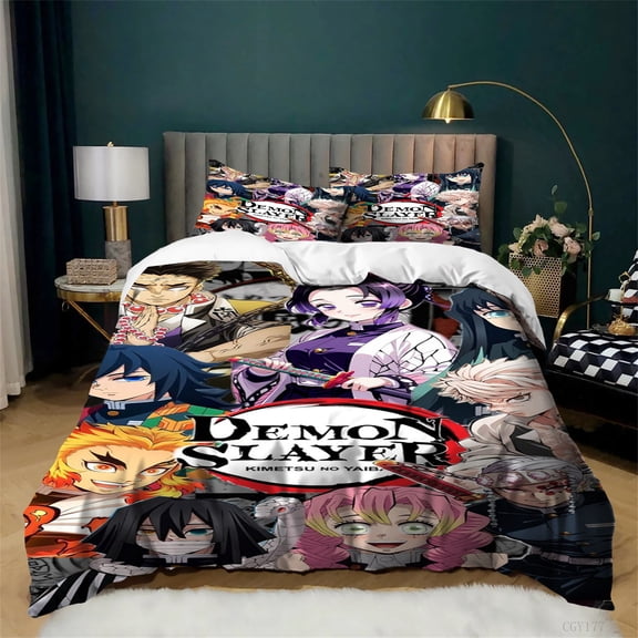 Demon Anime Slayer Bedding Duvet Cover Set 3pcs Ultra Soft Quilt Cover Set Light-Weight Duvet Cover Set for All Season