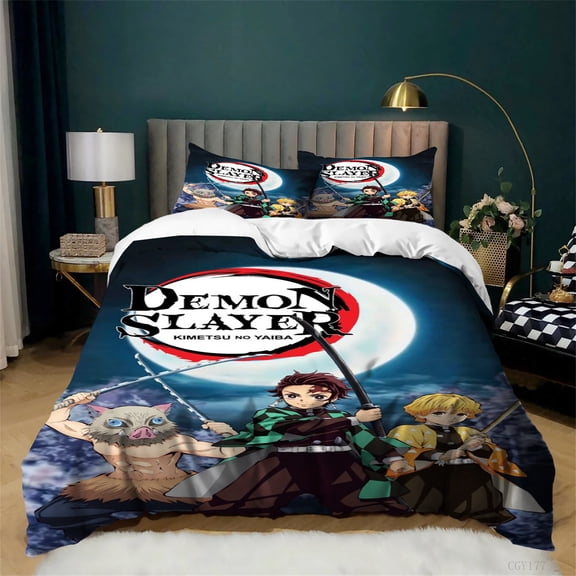 Demon Anime Slayer Bedding Set for Boys Girls All Season Soft Duvet Cover Set Light-Weight Bedding Quilt Cover 3pcs Set