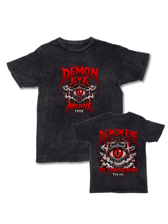 Demon Eye Archive Tokyo 199X Washed Metal Band T-Shirt – Dark Fantasy Japanese Torii Gate Tee with Front Logo and Back Print – Retro Gothic Shirt for Fans & Streetwear Lovers, Size XL