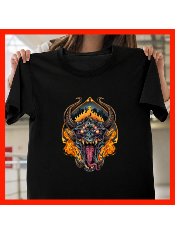 Demon Face Flaming Skulls Hellfire Underworld Skeleton Horror Unisex T-Shirt, S-3XL