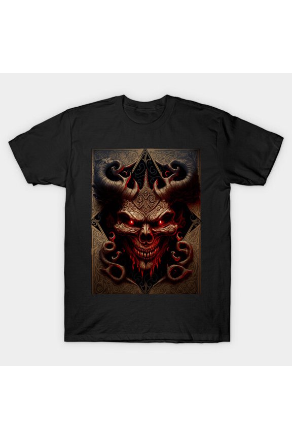 Demon Face Traditional Oni Mask Crimson Angry Fangs Mythology Art Unisex T-Shirt, up to size 3XL.