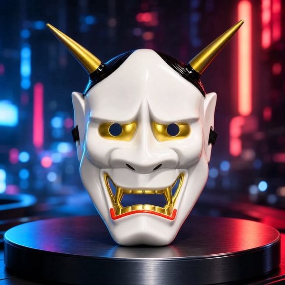 Demon Mask White Horror Devil Mask with Golden Horns and Fangs, Hand-Painted Plastic Halloween Costume Mask with Elastic Strap for Party Cosplay Decor, 9.84x7.84 inch