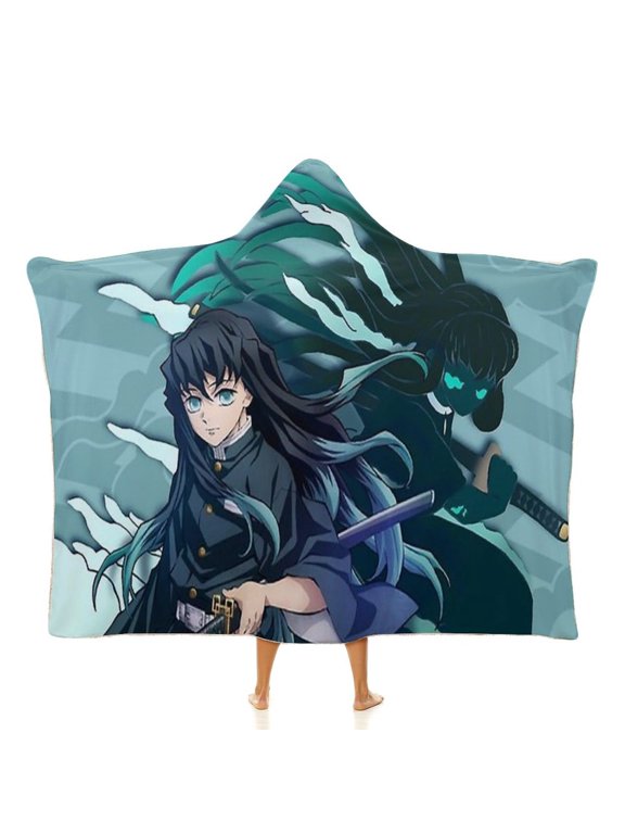 Demon Mui-chiro Tok-ito Slay-er Hooded Blanket Poncho Wearable Blanket Hoodie Flannel Throw Cape for Women Men Boys Girls 40 x 50Inch