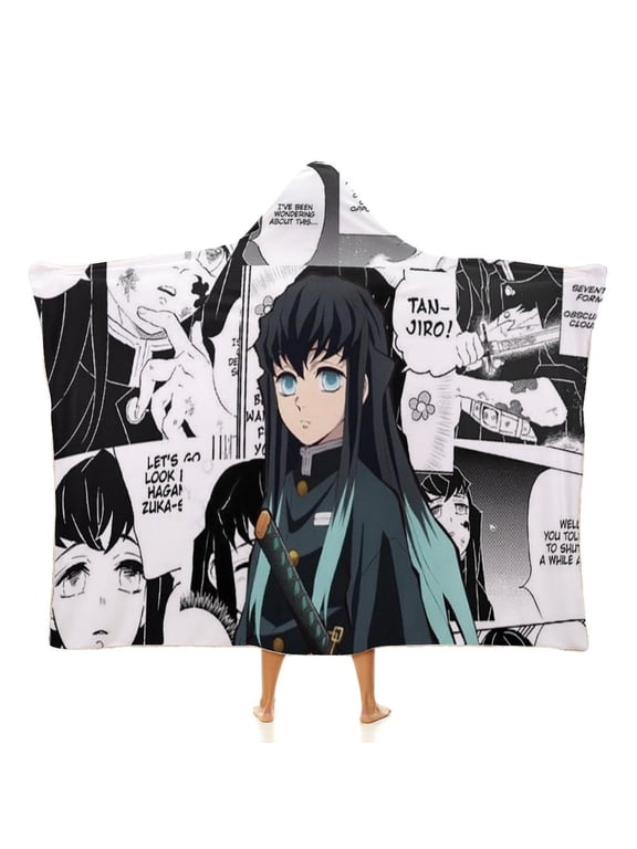 Demon Mui-chiro Tok-ito Slay-er Hooded Blanket Poncho Wearable Blanket Hoodie Flannel Throw Cape for Women Men Boys Girls 40 x 50Inch