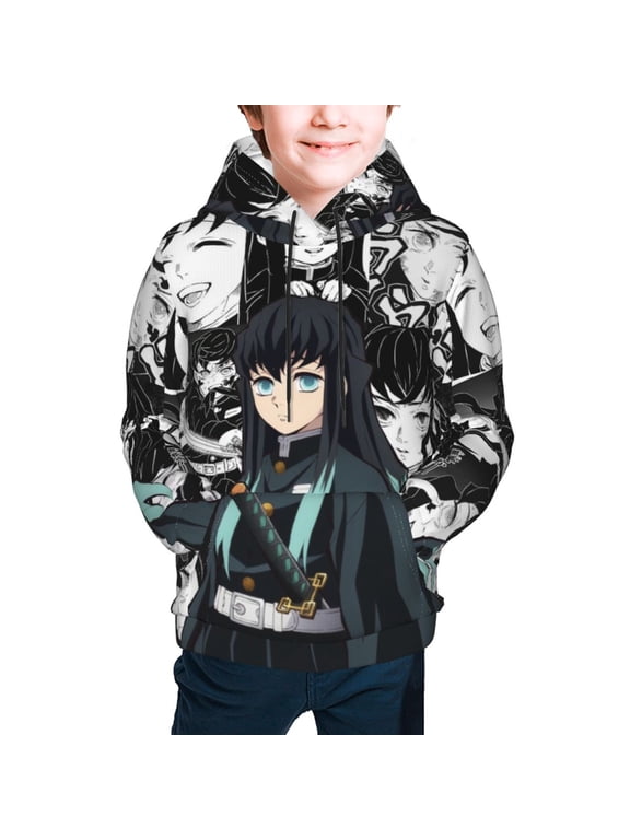 Demon Mui-chiro Tok-ito Slay-er Kids Hoodie 3D Print Pullover Hooded Long Sleeve Sweatshirts Tops Blouse with Pocket for Boys Girls