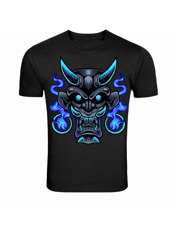 Demon Oni Mask Japanese Mythology Blue Flame Graphic Classic T-Shirt, Size S-5XL
