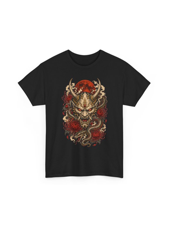 Demon Oni Mask T-Shirt | Japanese Horror Skull, Red Moon