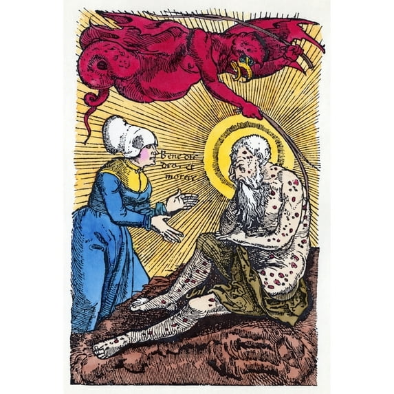 Demon Plague 1540. Nallegorical Representation Of The Demon Of The Plague Colored German Woodcut 1540. Print by