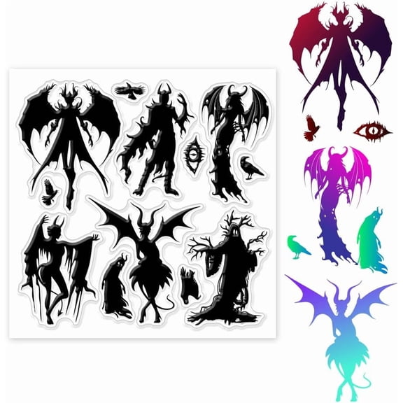 Demon Silhouette Clear Stamps 5.91x5.91 inch Magic Eye Bird Silhouette Silicone Clear Transparent Stamps for DIY Scrapbooking Cards Making Mixed Color