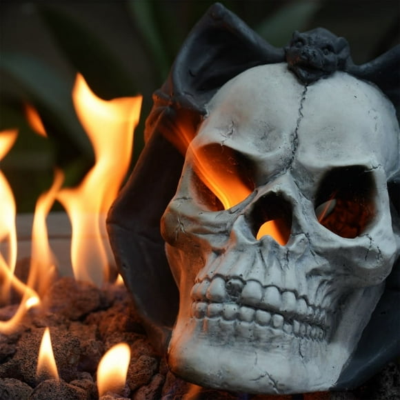 Demon Skull Fire Pit Gas Log (Beige+Black  Heat-Resistant 3000  F, Ventless/Vent-Free, Halloween Decor, Patent Pending)