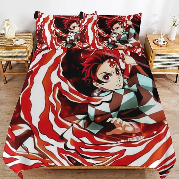 Demon Slayer 3 Pieces Bedding Set 3D Printed Lightweight Bed Quilt Set Comforter Cover Set for Girls Kids Teens, 1 Quilt Cover 2 Pillowcases 79"x90"