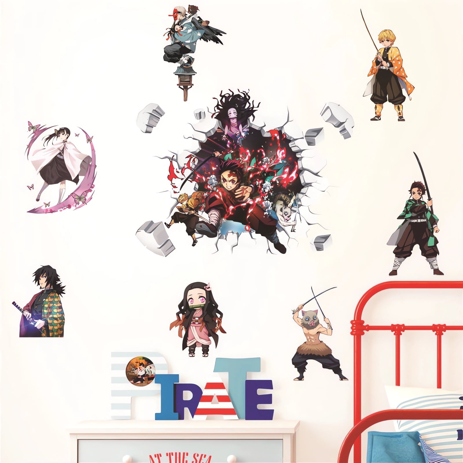 Demon Slayer 3D Wall Decals,Anime Cartoon Self-Adhesive Stickers Background Wall Decoration for Kids Room.