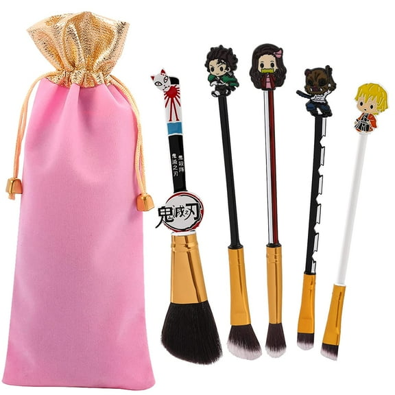 Demon Slayer Anime Makeup Brushes Set - 5pcs Kimetsu noyaiaba Peripheral Makeup Brushes Nezuko Tanjirou Metal Handle Makeup Tools Gift for Fans