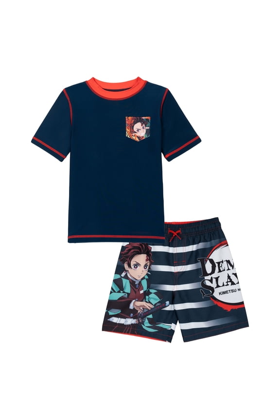 Demon Slayer Big Boys' UPF 50+ Rash Guard and Swim Trunks Set Tanjiro Navy Red