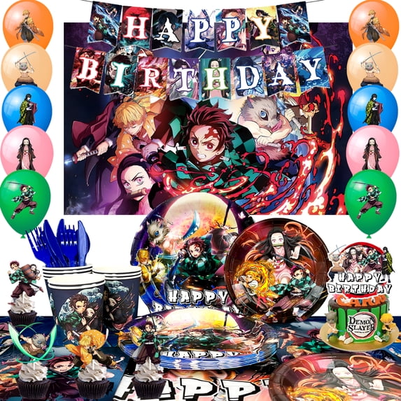 Demon Slayer Birthday Decorations,Demon Slayer Party Supplies & Tableware Set-Demon Slayer Birthday Banner Balloons Cake Topper Backdrop Plates Cups Tablecloth etc for Boys/Kids