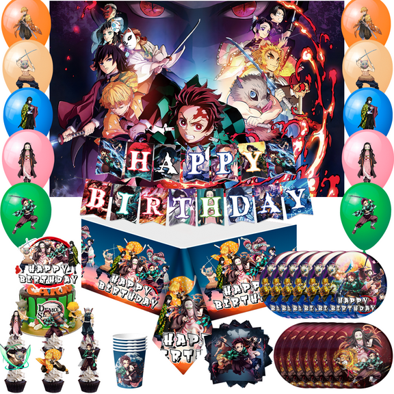 Demon Slayer Birthday Decorations,Demon Slayer Party Supplies & Tableware Set-Demon Slayer Birthday Banner Balloons Cake Topper Backdrop Plates Cups Tablecloth etc for Boys/Kids
