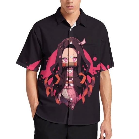 Demon Slayer Casual Short Sleeve Shirt Lapel Collar Shirt Summer Beach Shirt L