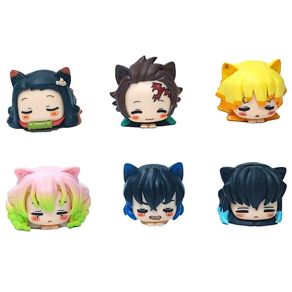 Animation Cat-Ear Pillow Pose Figure Set - 6pc Tanjiro, Obanai, Zenitsu, Mitsuri, Nezuko, Muichiro Cake Topper & Desk Decor