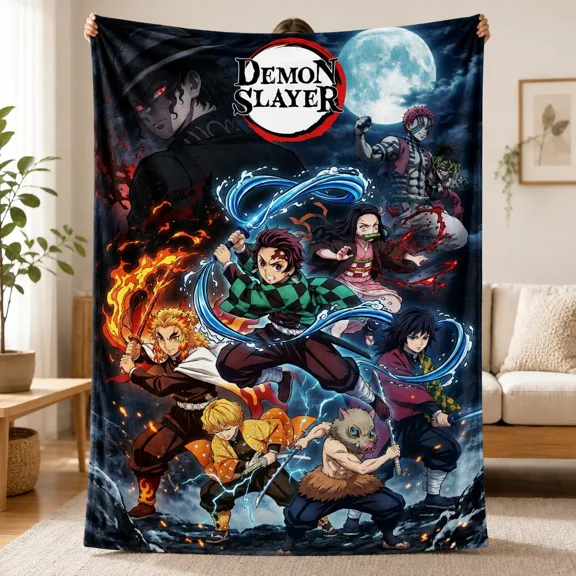 Demon Slayer Character Collage Flannel Blanket, Soft Tanjiro Nezuko Rengoku Giyu Anime Throw for Couch, Bed, Bedroom, Dorm and Gaming Room Decor, Gift for Fans
