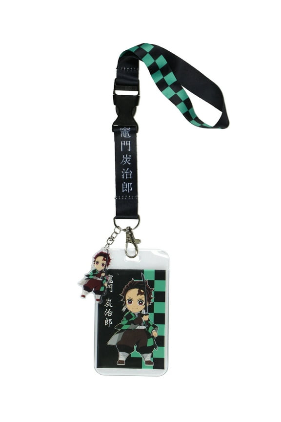 Demon Slayer Checkerboard Design Wristlet Lanyard with ID Card and 2" Plastic Tanjiro Kamado Charm For Keys Keychain Wallet