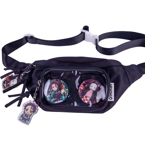 Demon Slayer Chest Bag: Tanjiro & Nezuko with 2 Pins + 2 Keychains & Detachable Clear Panel (6.1x8inch), Adjustable Strap Waist Pack for Anime Fans