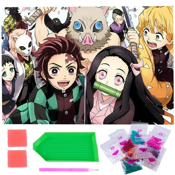 Demon Slayer Diamond Painting Kit 2 Sets: Tanjiro, Nezuko, Inosuke & Zenitsu - 15.7x11.8 inch DIY Art with Tools (Sticky Pen, Beads, Canvas), Complete Starter Pack for Anime Fans
