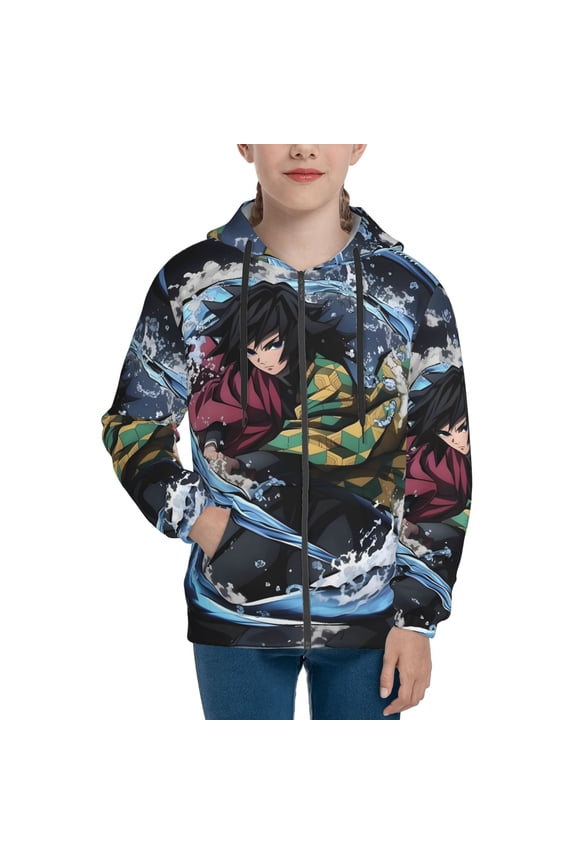 Demon Slayer Giyu Tomioka Kids Zip Up Hoodies for Boys Girls 6-16 Hooded Sweatshirt with Pocket Long Sleeve Jacket Medium