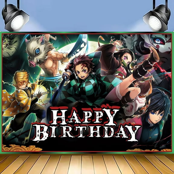 Demon Slayer Happy Birthday Anime Cartoon Theme Backdrops Banner Birthday Party Decor Supplies,5.9x3.6ft