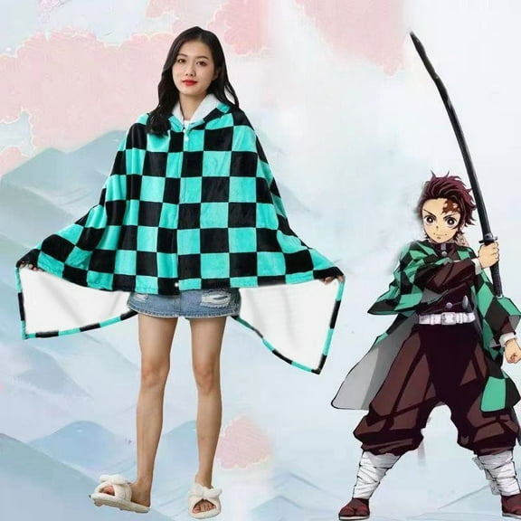 Demon Slayer Hooded Shawl Blanket,Flannel Wearable Blanket for Anime Fans,Warm Home Leisure Blanket Robe