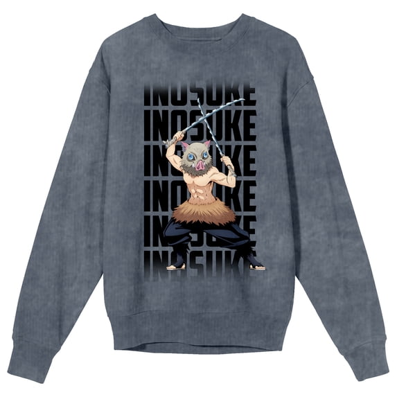 Demon Slayer Inosuke Adult Mineral Wash Dark Slate Crew Neck Long Sleeve Sweatshirt-XXL