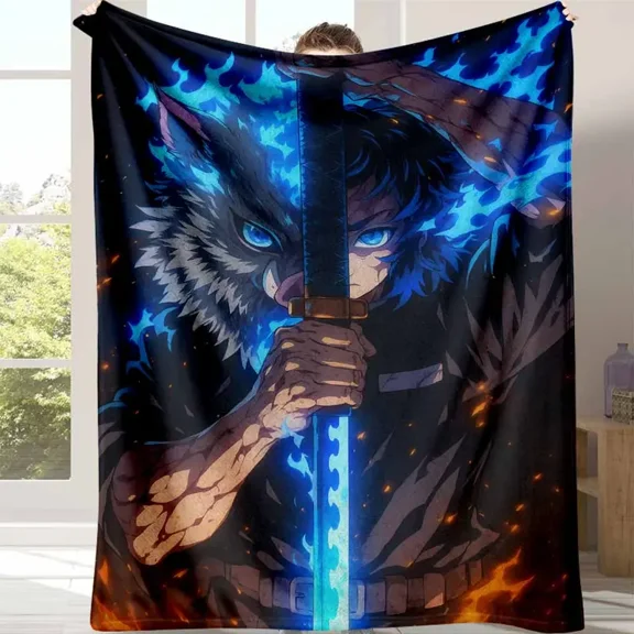 Demon Slayer Inosuke Hashibira Sword Print Flannel Blanket, Anime Blankets, Ultra Soft, Lightweight, Warm, Breathable