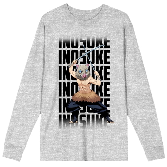 Demon Slayer Inosuke Repeat Name Text Adult Athletic Heather Crew Neck Long Sleeve Tee-Medium