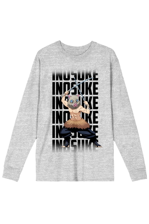 Demon Slayer Inosuke Repeat Name Text Adult Athletic Heather Crew Neck Long Sleeve Tee-XL