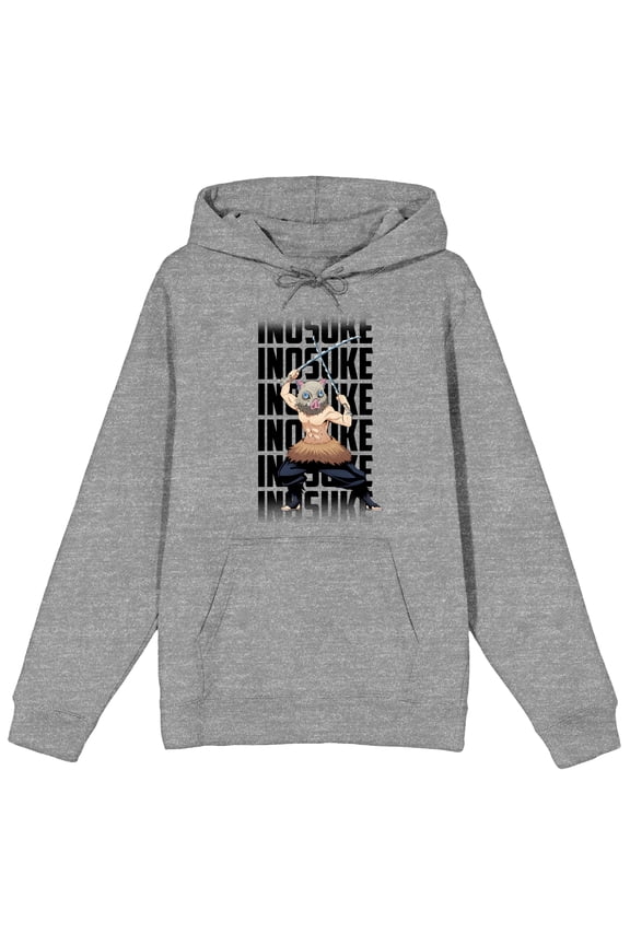 Demon Slayer Inosuke Repeat Name Text Adult Athletic Heather Long Sleeve Hooded Sweatshirt-XL
