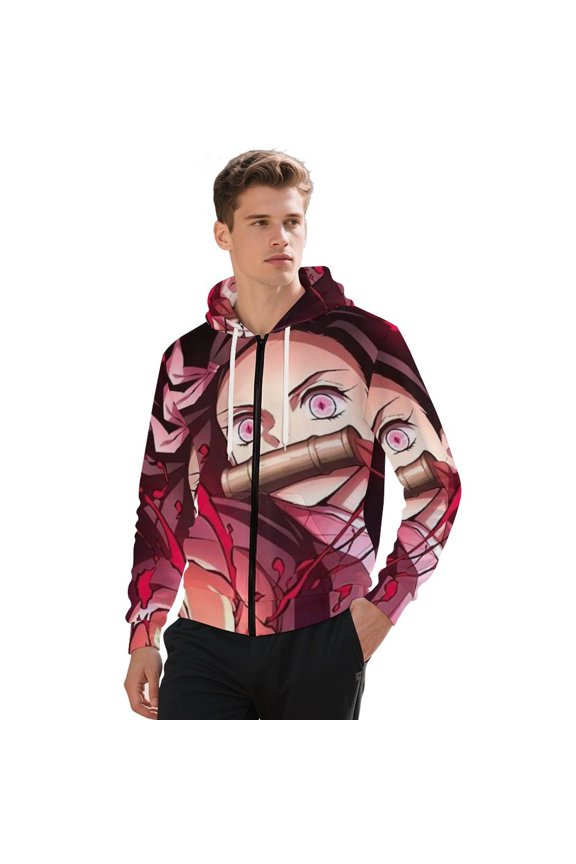 Demon Slayer Jacket Casual Oversized Hoodie Stylish Zipper Hooded Sweatshirt Warm Loose Outerwear 2XL