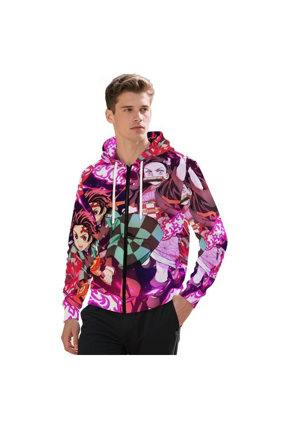 Demon Slayer Jacket Casual Oversized Hoodie Stylish Zipper Hooded Sweatshirt Warm Loose Outerwear 3XL