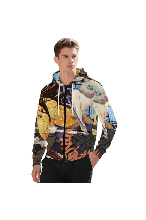 Demon Slayer Jacket Casual Oversized Hoodie Stylish Zipper Hooded Sweatshirt Warm Loose Outerwear L