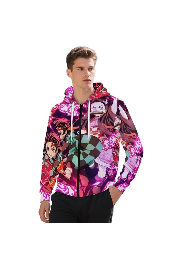 Demon Slayer Jacket Casual Oversized Hoodie Stylish Zipper Hooded Sweatshirt Warm Loose Outerwear L