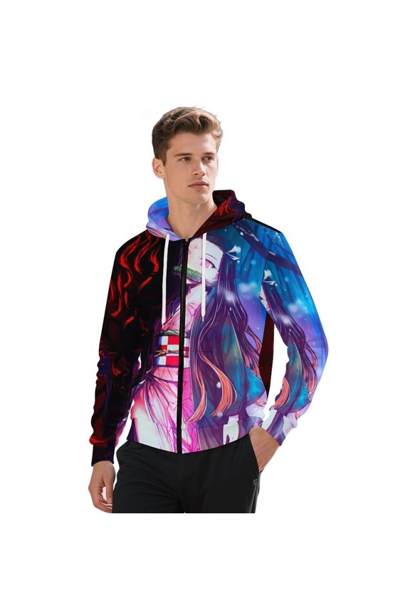 Demon Slayer Jacket Casual Oversized Hoodie Stylish Zipper Hooded Sweatshirt Warm Loose Outerwear L