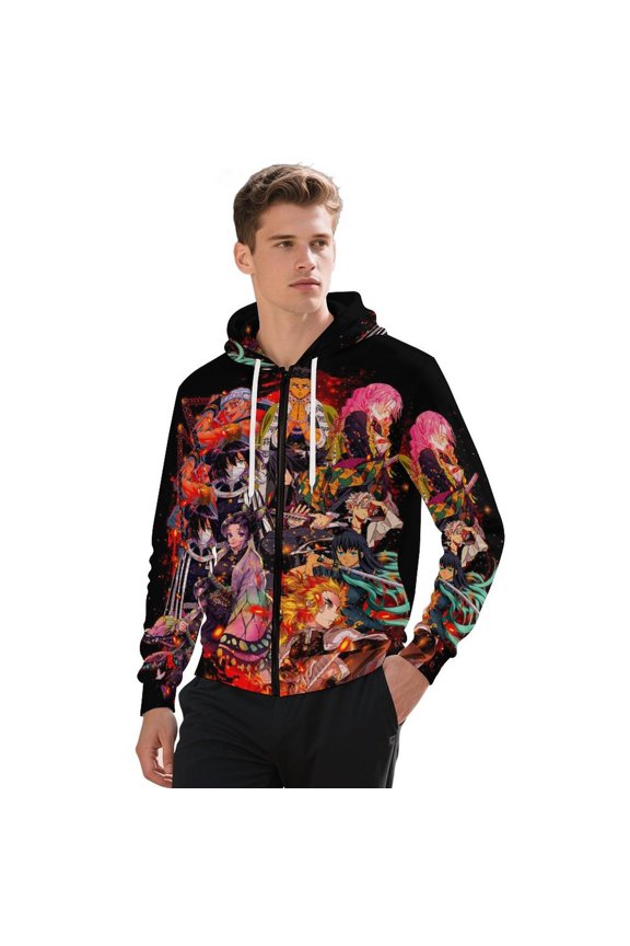 Demon Slayer Jacket Casual Oversized Hoodie Stylish Zipper Hooded Sweatshirt Warm Loose Outerwear L