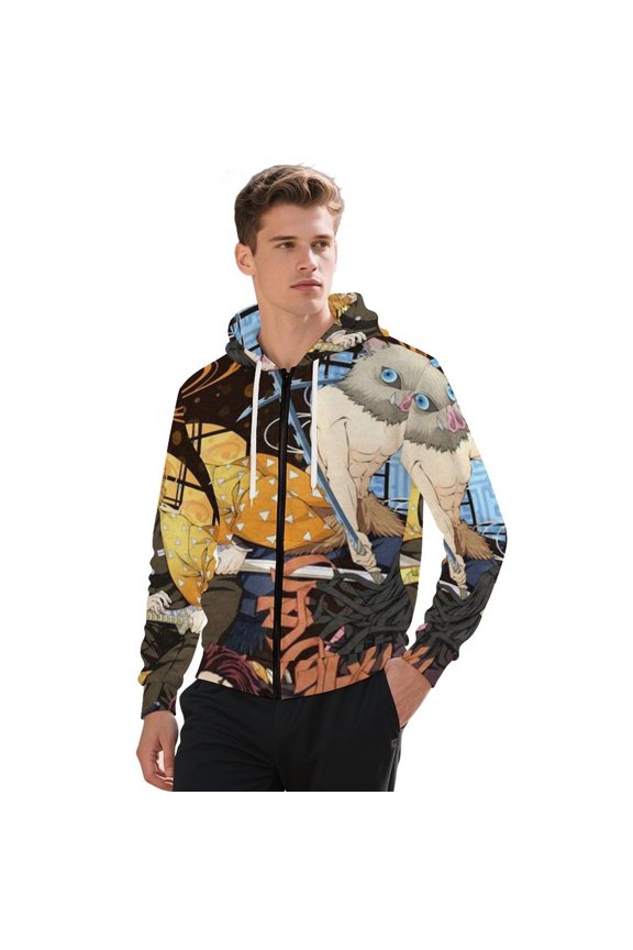 Demon Slayer Jacket Casual Oversized Hoodie Stylish Zipper Hooded Sweatshirt Warm Loose Outerwear M