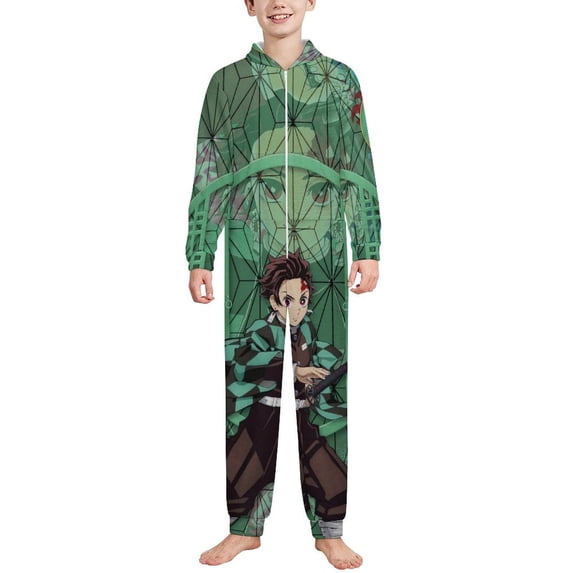 Demon Slayer Kids Hooded Jumpsuit Union Suit Onesie One Piece Blanket for Boys Girls