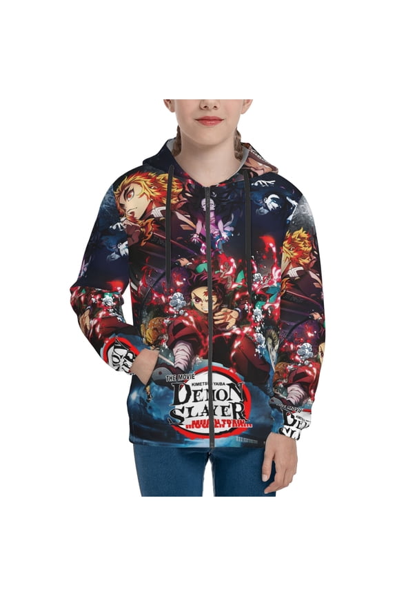 Demon Slayer Kids Zip Up Hoodies for Boys Girls Novelty Hooded Sweatshirt with Pocket Long Sleeve Jacket Large