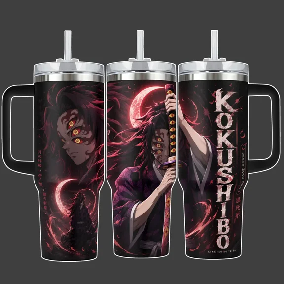 Demon Slayer Kokushibo Upper Moon One Anime Tumbler Cup, Dark Red Moon Aura Full Wrap Stainless Steel Insulated Tumbler 20oz/40oz With Straw Lid Included, 40oz Handle Option