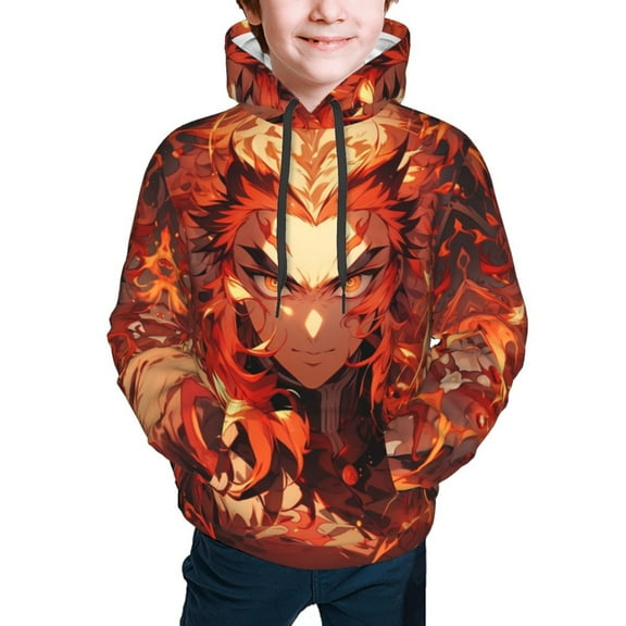 Demon Slayer Kyojuro Rengoku Kids' Hoodie 3d Print Sweatshirt Soft Pullover Hooded With Big Pockets For Boys Or Girls Large