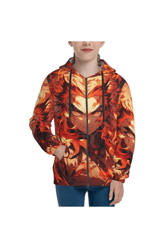Demon Slayer Kyojuro Rengoku Teens Boys Girls Zip Up Hoodies 3d Print Long Sleeve Hooded Sweatshirt Jacket With Pocket Large