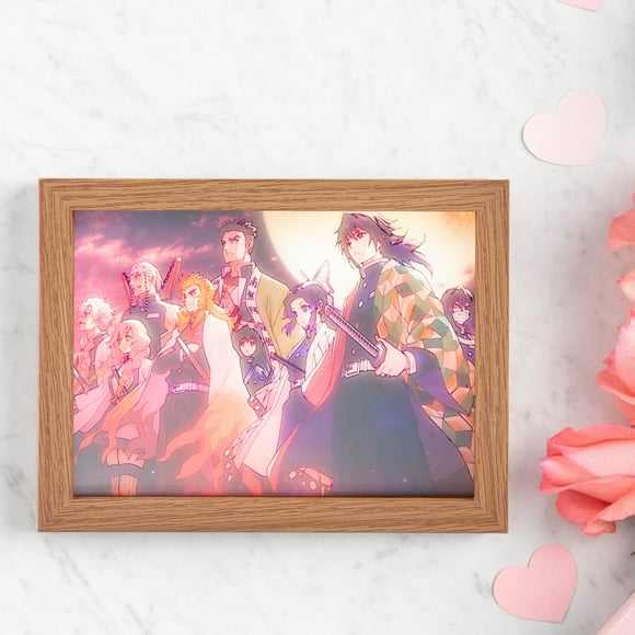 Demon Slayer Light-Up Art Panels Set of 3: Tanjiro, Nezuko, Zenitsu, Inosuke Night Scene with Moon - Reversible Blank to Color 8.7x6.7inch Wood Frame, 3 Light Modes Anime Wall Deco