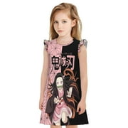 VUFOQZX Demon Slayer Little Girls Nightgown Short Flutter Sleeve Pajamas Cartoon Nightdress Sleepwear Kids Nighties