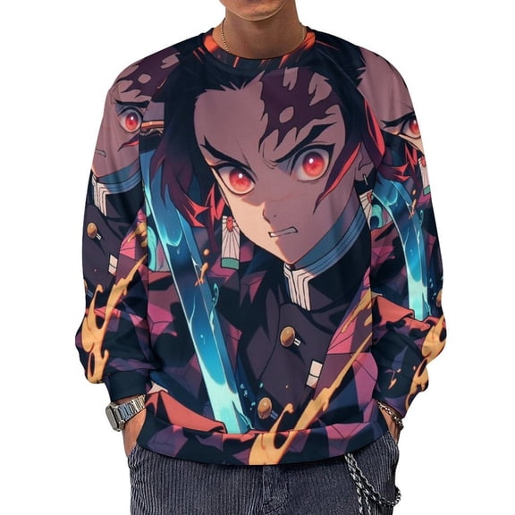 Demon Slayer Mens Crew Neck Sweatshirt 3D Printing Fall Clothes Long Sleeves Fashion Blouse Top Casual Pullover Sweater M